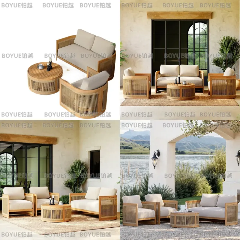 Rattan Lounge Set - Conjunto de Sofá de Madeira Teak